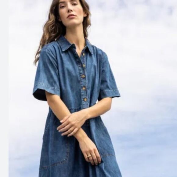 Lilla P blue Denim collared midi dress button front short sleeves small - Picture 2 of 13